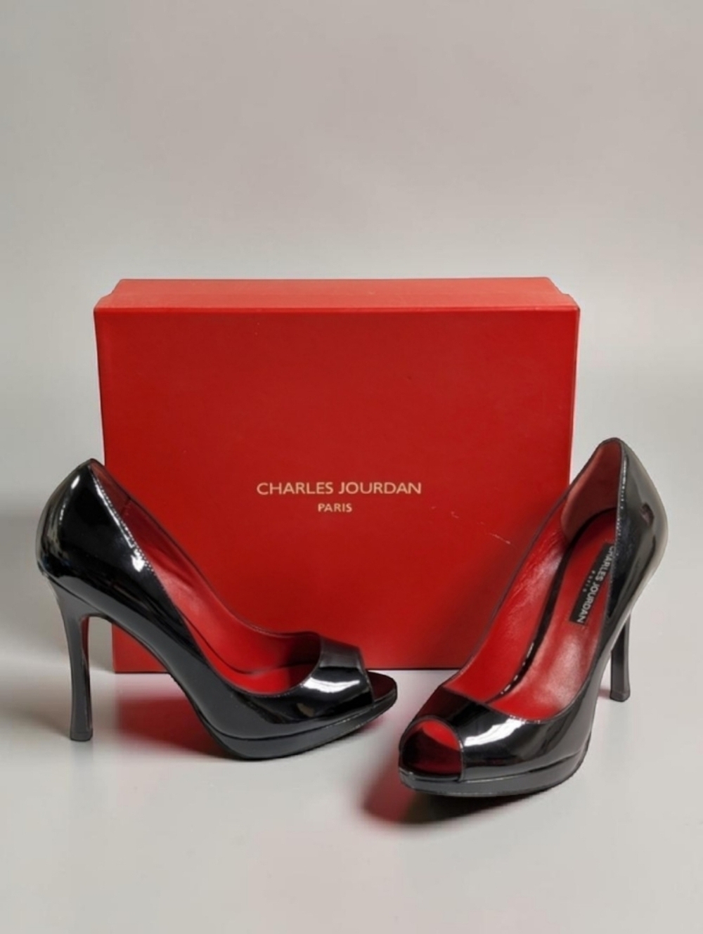 Charles Jourdan Paris Glossy Black Patent Leather Peep Toe Stilettos NIB 6.5